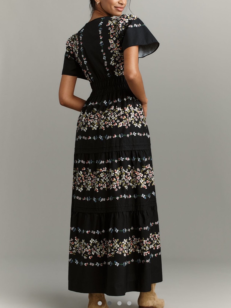 Anthropologie Somerset Maxi Dress Short Sleeve V-Neck New Small Black Floral